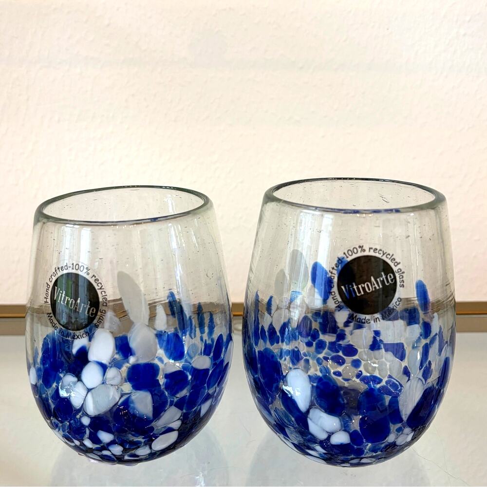 2pc Hand Blown Mexican Art Glass Stemless Wine Glasses Blue & White Confetti NEW